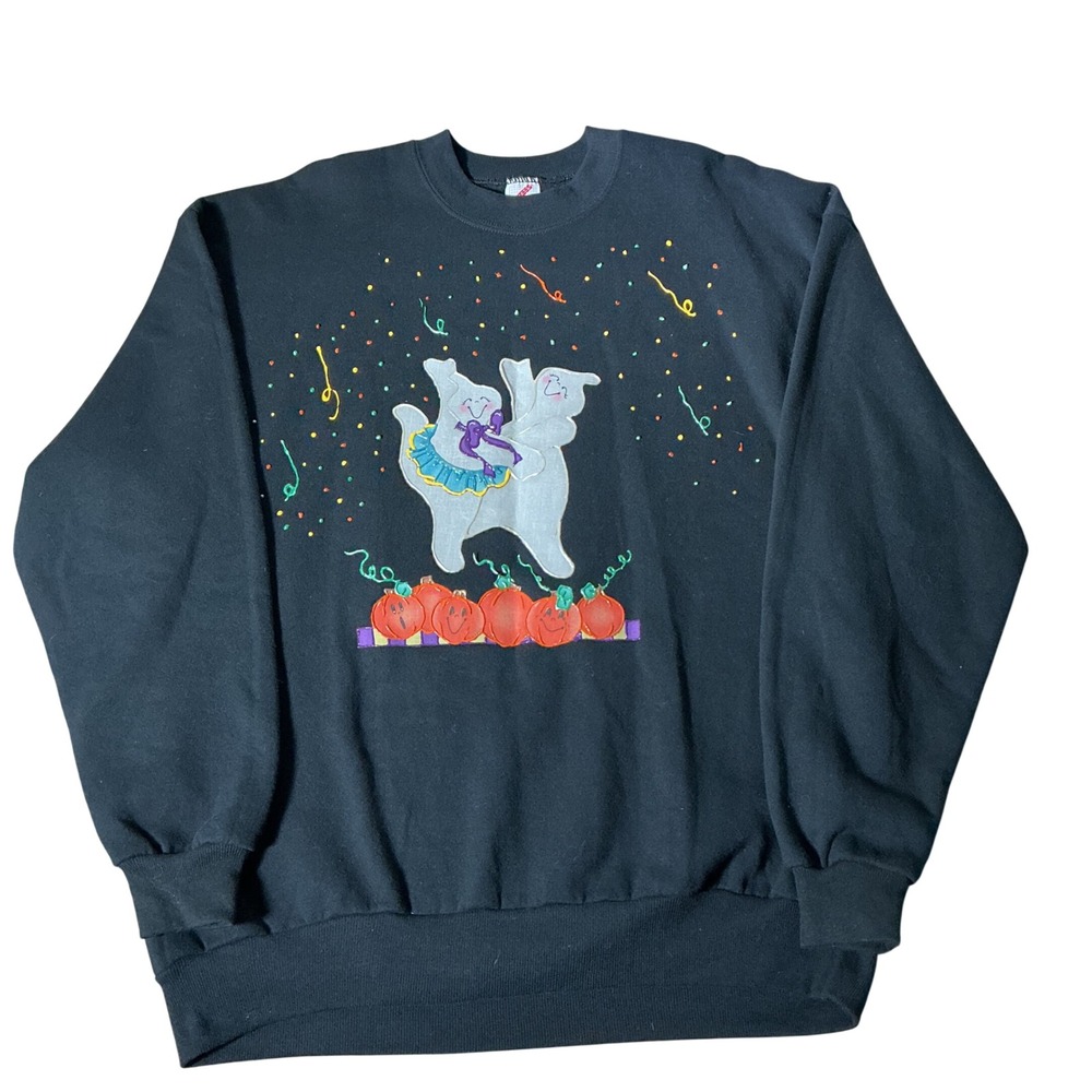 Jerzees Vintage Halloween Ghost Pumpkin Sweatshirt Women XL Black 90s Spooky